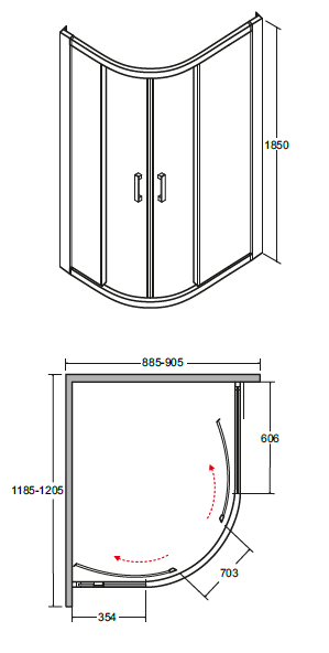 Kabina prysznicowa asymetryczna 120x90x185 cm Besco Modern 185 rys. tech.