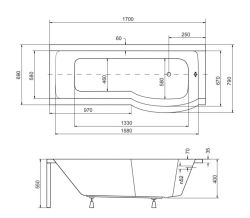  Kabino-wanna 170x70 cm Besco Inspira 170 prawa komplet z parawanem rysunek techniczny.