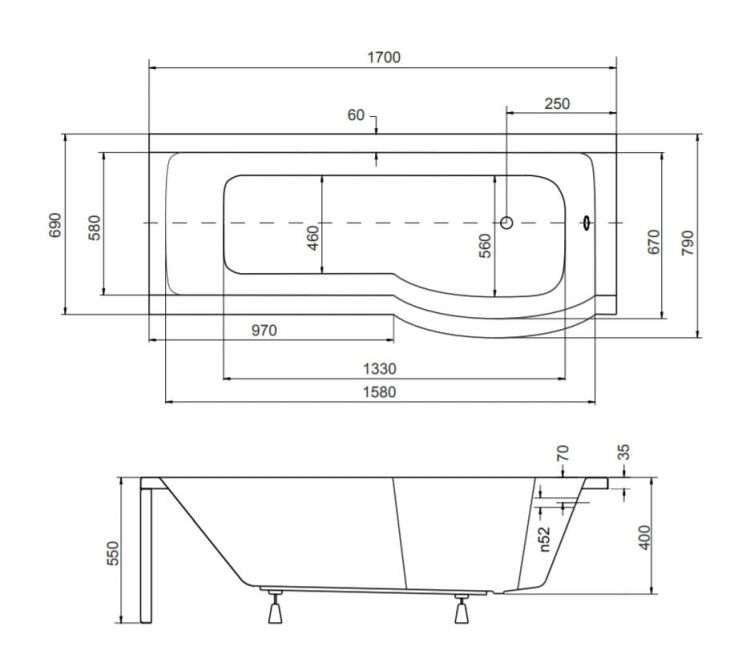  Kabino-wanna 170x70 cm Besco Inspira 170 prawa komplet z parawanem rysunek techniczny.