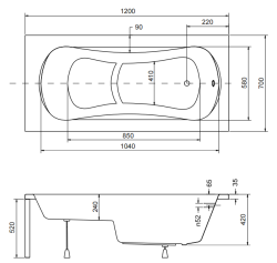 Wanna prostokątna z siedziskiem 120x70 cm Besco Aria Rehab 120 rys. tech.