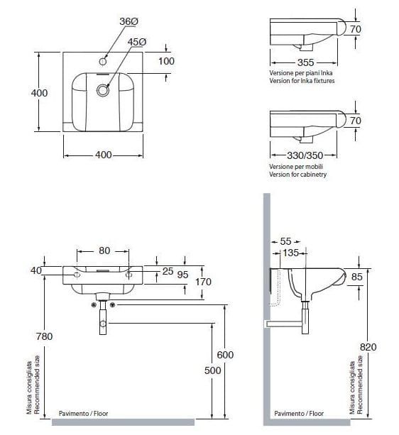 Umywalka częściowo wpuszczana w blat 40x40x35,5 cm Kerasan Inka 341201 rys.tech.