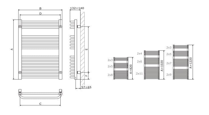 Grzejnik łazienkowy 44x126 cm Terma TYTUS 1260x440 rysunek techniczny