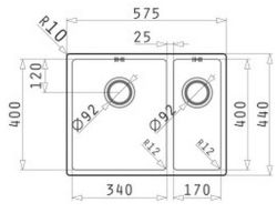 Pyramis ASTRIS zlewozmywak dwukomorowy lewy 57,5x44 cm 101030801 rysunek techniczny