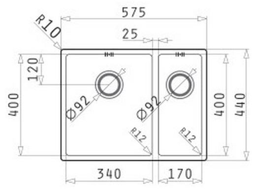 Pyramis ASTRIS zlewozmywak dwukomorowy lewy 57,5x44 cm 101030801 rysunek techniczny