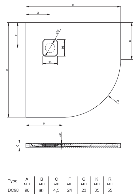 Brodzik półokrągły płaski 90x90x4,5cm Riho Basel 208863 rys.tech.