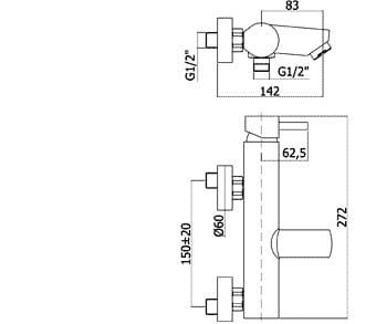 Bateria wannowa bez zestawu natryskowego Paffoni Stick SK022 rysunek techniczny