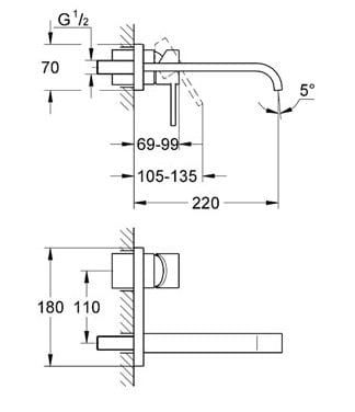 Bateria umywalkowa podtynkowa chrom Grohe Allure 19386 000 rysunek techniczny