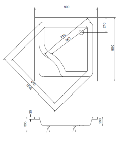 Brodzik kwadratowy 90x90x38,5 cm głęboki z siedziskiem Besco Igor 90 rys. tech