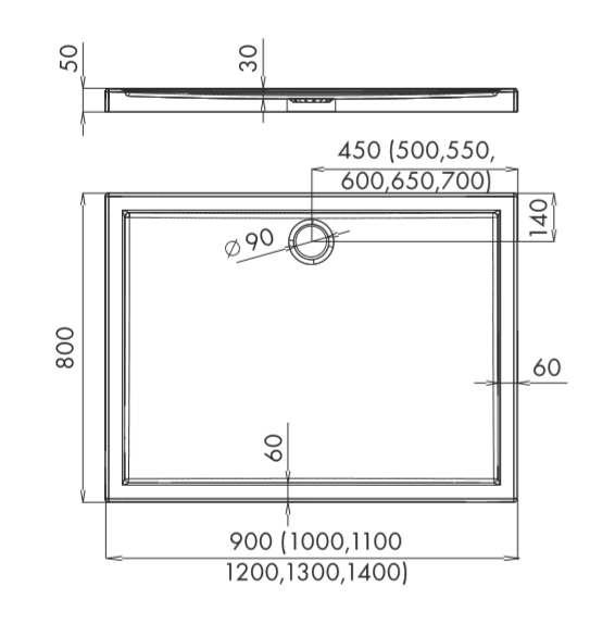 Brodzik prostokątny 80x130x5cm Schedpol Corrina 3.0244 rys.tech.