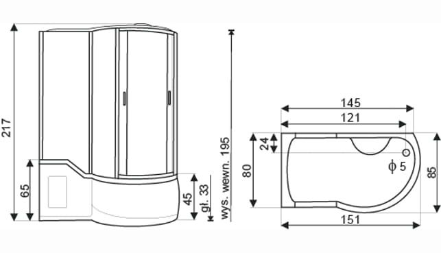 Kabina prysznicowa z hydromasażem i wanną 151x85x217 cm Kerra Fantasia rys.tech.