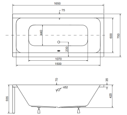 Wanna prostokątna 165x75 cm Besco Quadro 165 rys.tech.