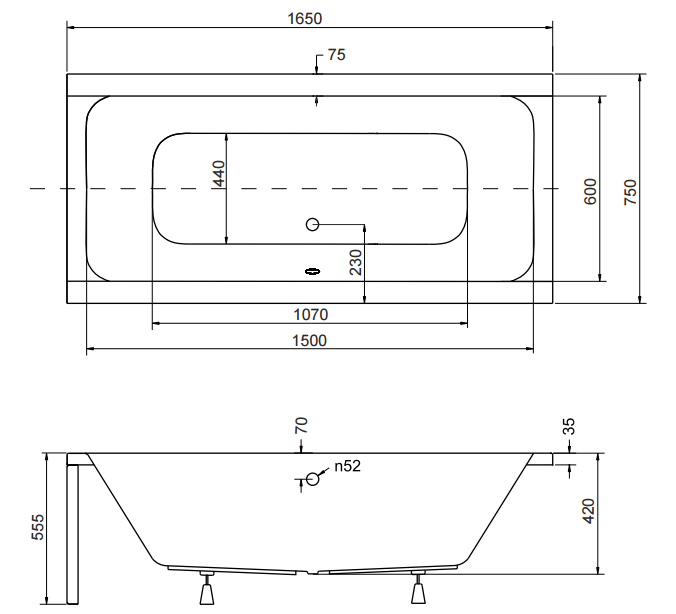 Wanna prostokątna 165x75 cm Besco Quadro 165 rys.tech.