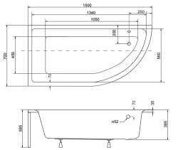 Wanna asymetryczna Besco 150x70 cm Praktika 150 lewa rys. tech.