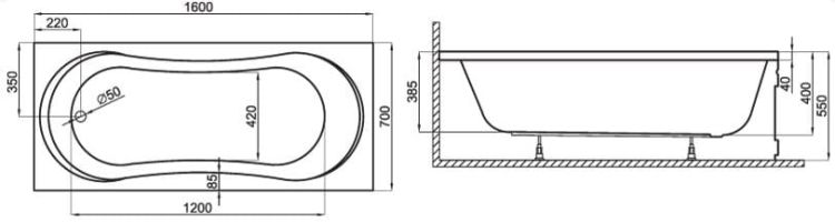 wanna 160x70 cm Polimat rys. tech.