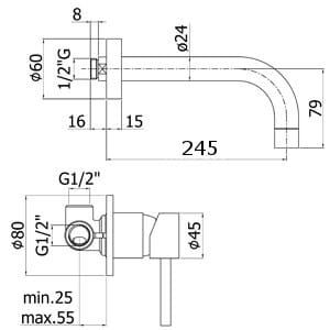 Bateria umywalkowa podtynkowa z wylewką 24,5 cm 1-uchwytowa Paffoni Stick SK007CR rysunek techniczny