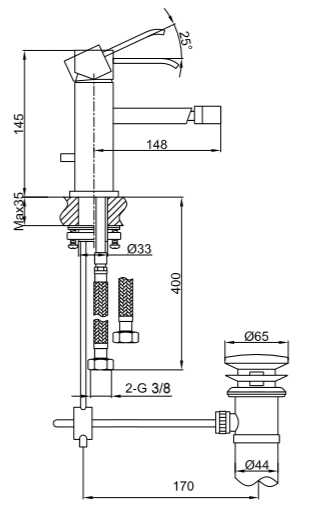 Bateria bidetowa Kohlman Axis QB130N chrom rys. tech.