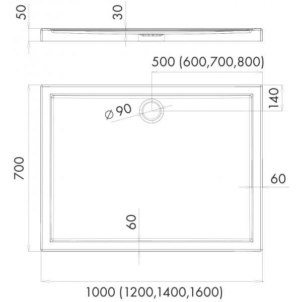 Brodzik prostokątny 70x120x5cm Schedpol Caspar 3.2251 rys.tech.