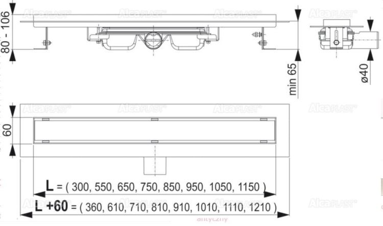 Odpływ liniowy niski APZ106 z rusztem Floor 850 do wypełnienia kaflem rys.tech.
