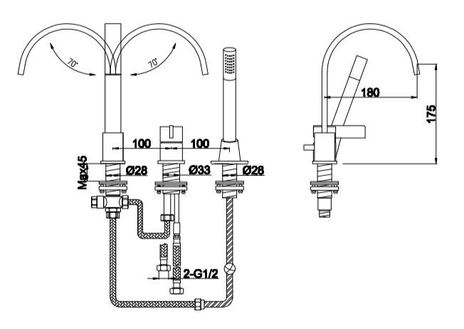 Bateria wannowa 3-otworowa Kohlman Dexame QB241D chrom rys. tech.
