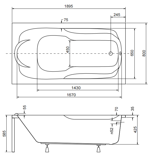Wanna prostokątna 190x80 cm Besco Bona 190 rys. tech.