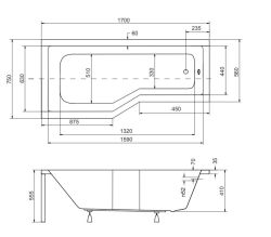 Kabino-wanna prostokątna 170x75 cm Besco Integra 170 lewalewa rysunek techniczny.