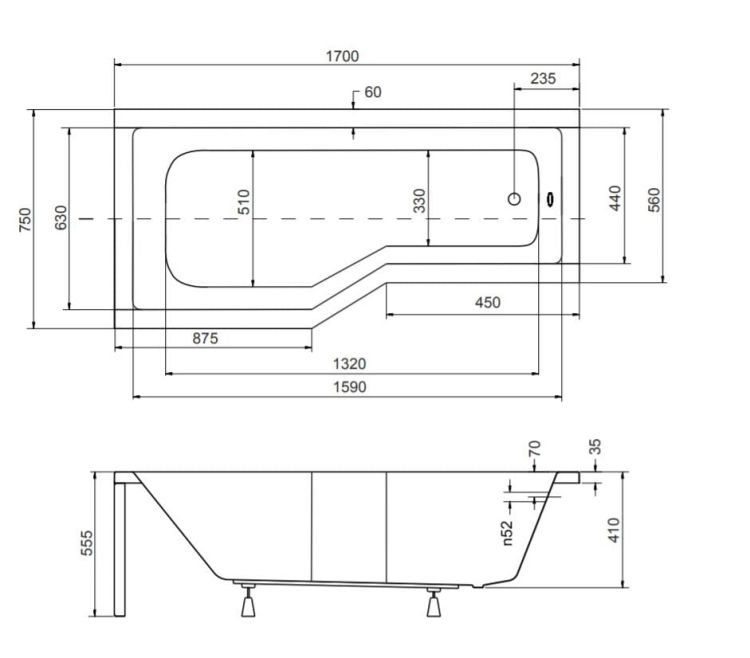 Kabino-wanna prostokątna 170x75 cm Besco Integra 170 lewalewa rysunek techniczny.