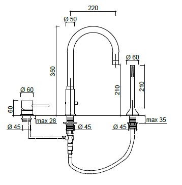 Bateria wannowa 3-otworowa Giulini Futuro 6565BD czarny mat rys.tech.