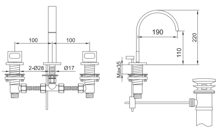 Bateria umywalkowa 3-otworowa Kohlman Nexen-S SQB202U chrom rys. tech.