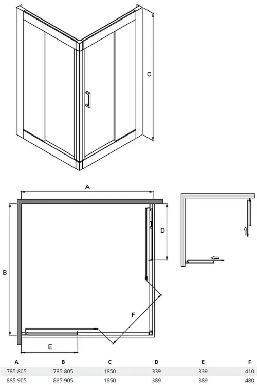 Kabina prysznicowa kwadratowa 80x80x185 cm Besco Modern 185 rys. tech.
