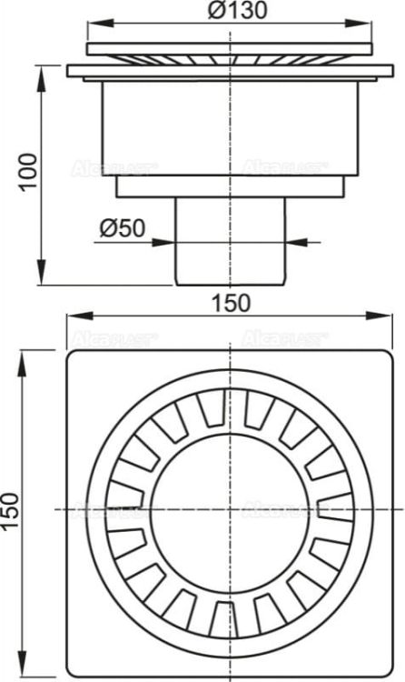 Kratka ściekowa plastikowa 150x150/50 mm odpływ pionowy Alcaplast APV16