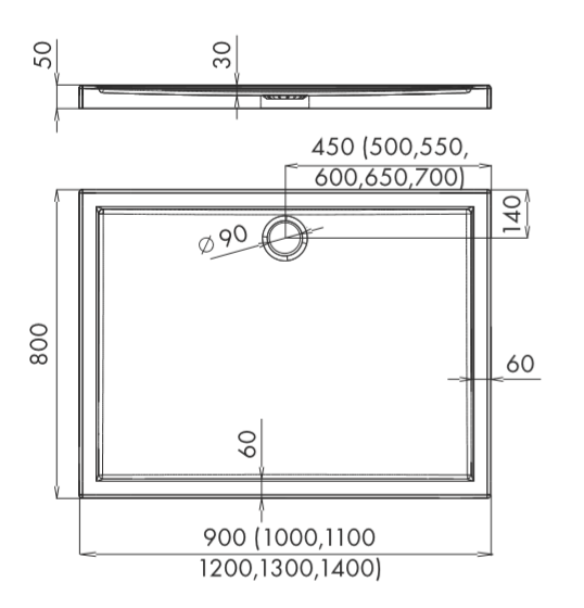 Brodzik prostokątny 80x100x5cm Schedpol Corrina 3.066 rys.tech.