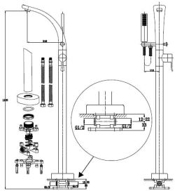Bateria wannowa stojąca chrom Vedo Cento VBC 1008 rysunek techniczny