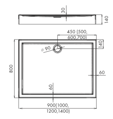 Brodzik prostokątny 80x90x14cm Schedpol Competia 3.0183 rys.tech.