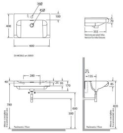 Umywalka częściowo wpuszczana w blat 60x40x35,5 cm Kerasan Inka 341101 rys.tech.
