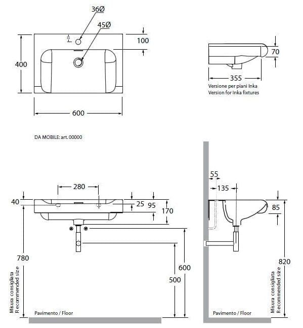 Umywalka częściowo wpuszczana w blat 60x40x35,5 cm Kerasan Inka 341101 rys.tech.