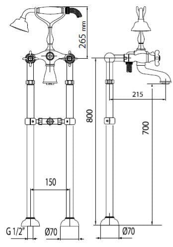 Bateria wannowa stojąca retro Giulini Parigi 7300/N bronzo rys.tech.