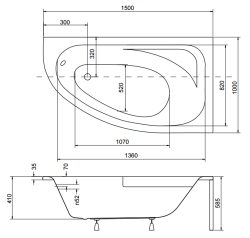 Wanna asymetryczna 150x100 cm Besco Cornea Comfort 150 prawa rys.tech.