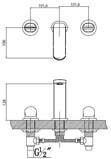 Bateria umywalkowa trzyotworowa Vedo Cento VBC 1009 rysunek techniczny