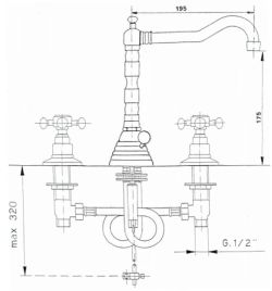 Bateria umywalkowa 3-otworowa wysoka bronzo Reitano Atea R322 rysunek techniczny