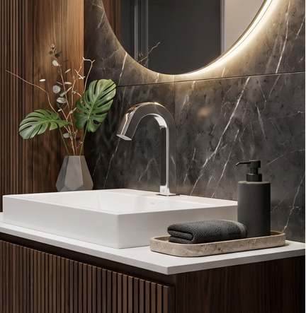 Bezdotykowa bateria umywalkowa Freak Bathroom Basic chrom w aranżacji