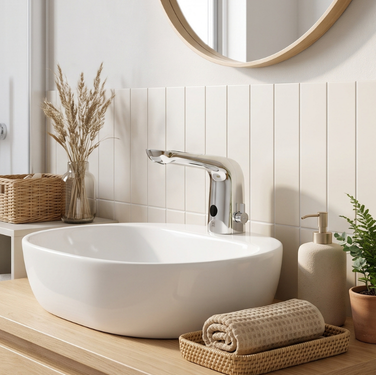 Bezdotykowa bateria umywalkowa Freak Bathroom Sense chrom w aranżacji